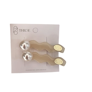 Elegant French style wave resin hair pins with large white pearl and gold metal logo charm