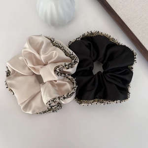 Chouchous en Satin Élégants Français Avec Bordure en Tweed Élastiques Cheveux pour Femmes Support Queue de Cheval