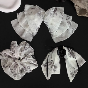 Ink wash style bow hair clip and ribbon scrunchie set with floral patterns
