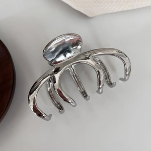 Détail d'une pince à cheveux en métal argenté poli avec un design moderne à griffes multiples