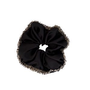Chouchou élégant en satin noir avec bordure tissée en tweed pour style minimaliste