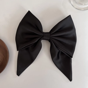 French style black satin bow hair clip with long ribbons and metal spring fastener