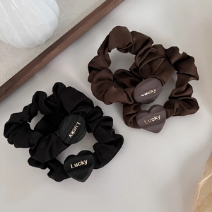 Korean Style Satin Pleated Scrunchies Lucky Letter Heart Geometric Decor High Elastic Hair Ties For Women Daily Accessories