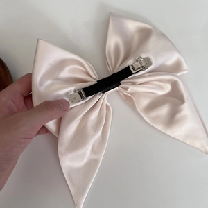 French style satin champagne bow hair clip with silver spring metal fastener
