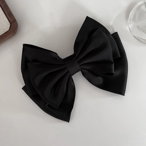 Elegant French style large black satin bow hair clip with multi-layered 3D ribbon design