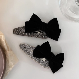 Vintage French Velvet Bow Hair Clip For Women Elegant Rhinestone Inlaid Handmade Hairclip Sweet Side Bang Accessories