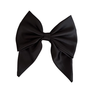 Elegant large black satin double-layered bow hair clip with high-gloss finish for women