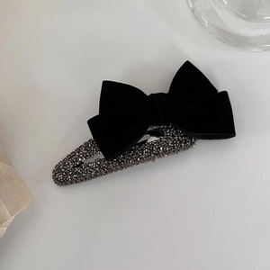 Elegant French vintage black velvet bow hair clip with sparkling rhinestones for women
