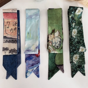 Vintage Oil Painting Style Satin Ribbon Scarf Narrow Hairband For Women Artistic Floral Pattern Bag Handle Tie Silk-Like Headband