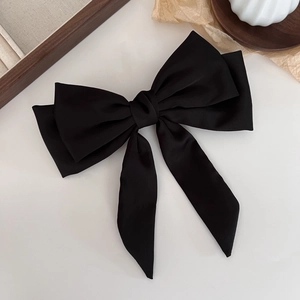 French Elegant Black Satin Large Bow Hair Clip For Women Aesthetic Rhinestone Tassel Spring Clip Wedding Party Hair Accessories