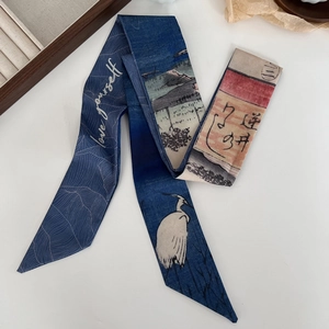 Blue oil painting silk hair scarf with traditional crane pattern and love yourself text