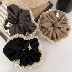 French Romantic Vintage Lace Edge Scrunchie Fluffy Fabric Elastic Hair Tie For Women Girls Sweet Hair Accessories
