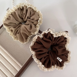French retro lace scrunchies set in light coffee and dark brown elastic fabric