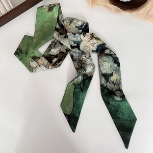 Artistic oil painting style narrow silk scarf with green floral patterns on white background