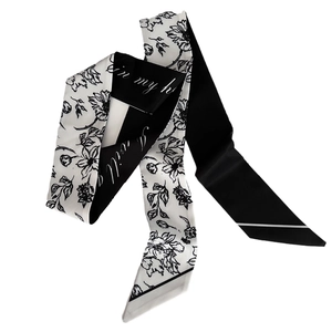 Elegant black and white floral twilly silk scarf with minimalist handwriting design