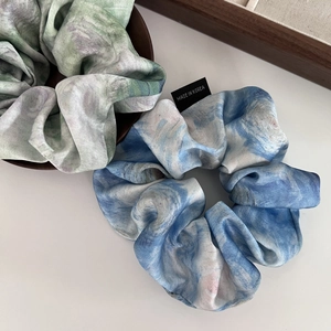 French Style Satin Scrunchies Elegant Oil Painting Marble Pattern Large Hair Rings Soft Ponytail Holder For Women Fashion Hair Accessories