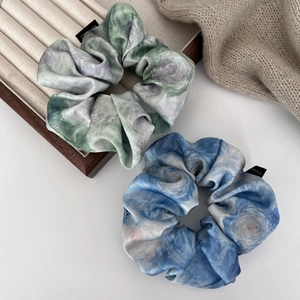 Elegant oil painting style satin scrunchies set with marble pattern for hair styling
