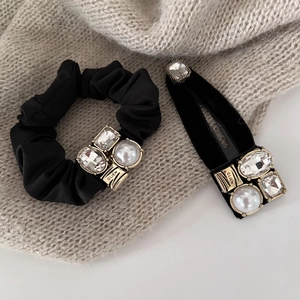 Elegant black velvet hair scrunchie and square rhinestone pearl hair clip set for women