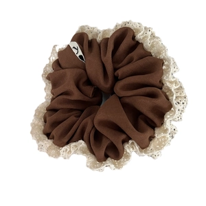 French vintage dark brown scrunchie with cream lace edges and pleated fabric detail