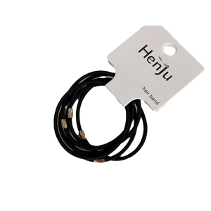 Set of 6 high elasticity black hair ties with bronze oval beads on a white card display