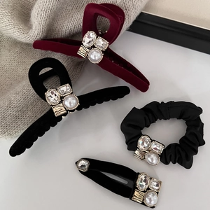 Luxury velvet hair claw clips and scrunchie set with square crystals and pearls