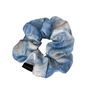 French style satin scrunchie with artistic blue and white oil painting marble texture