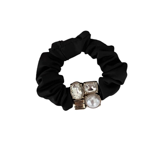 French style black velvet hair scrunchie with elegant pearl, crystal and gold metal accent