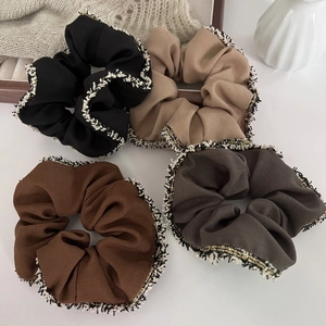 French Style Tassel Pleated Fabric Scrunchie Elegant Brown Khaki Black Gray Elastic Hair Tie For Women Girls Hair Accessories