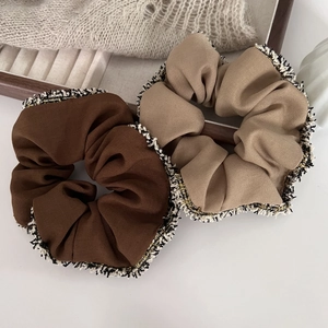 Brown and khaki French tassel hair ties set with tweed edges and gold silk details