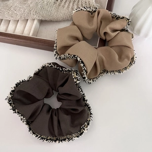 French style scrunchies set in khaki and dark brown with elegant woven gold tassel edges