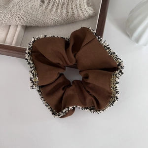 French style coffee brown scrunchie with elegant tweed fringe trim and thick fabric