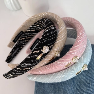 French Retro Tweed Padded Headband For Women Elegant Plaid Hair Band With Camellia Artificial Pearl Sequin Decorative Hair Accessory