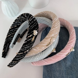 Set of four French vintage tweed headbands with pearls and sequins for high-top hair styling