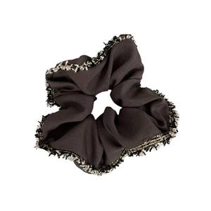 French style brown scrunchie with tweed fringe trim and metallic thread details