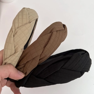Serre-tête tressé vintage français en tissu matelassé beige marron et noir