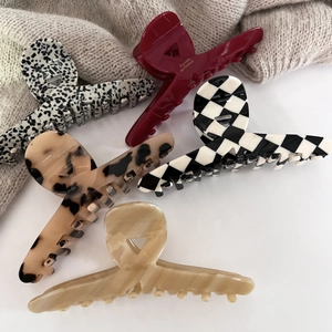 Detailed set of five large acetate hair claws in various patterns and elegant colors
