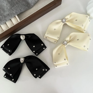 Korean Style Satin Bowknot Hair Clip With Rhinestone Heart Elegant Sweet Bow Hairpin For Women Girl Daily Party Headwear