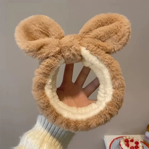 Cute Cartoon Plush Rabbit Ears Bowknot Hairband Soft Fluffy Face Wash Headband Skincare Makeup Hair Accessories For Women