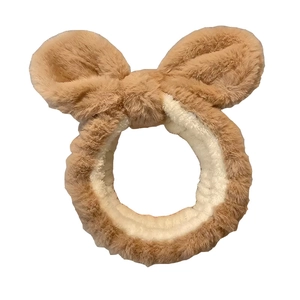 Cute brown plush bow headband for face washing with soft fluffy faux fur texture