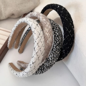 Vintage Tweed Plaid Wide Hairband For Women Elegant High Top Headband Luxury Fashion Weave Hair Accessories Headwear
