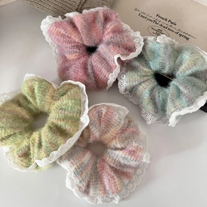 Dolci Scrunchies in Maglia di Peluche con Bordo in Pizzo Per Donna Stile Vintage Francese Grandi Elastici per Capelli Eleganti