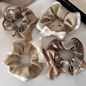 Set of 4 warm khaki plaid and waffle fabric bow scrunchies for elegant hair styling