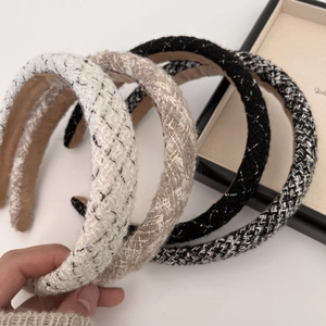 Classic tweed woven headbands in black and white with premium padded texture and non-slip lining