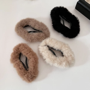 Set of four soft plush cloud hair clips in brown, black, white, and mocha colors