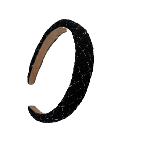 Elegant black tweed headband with gold and silver thread weaving and padded lattice texture