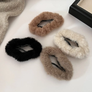 Set of four plush cloud-shaped hair clips in autumn coffee tones with metal BB base