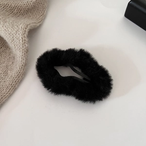 Elegant black fuzzy cloud hair clip with soft faux rabbit fur for autumn winter hair styling