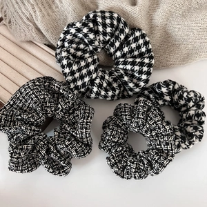 Three-piece retro houndstooth and tweed scrunchies set for elegant winter hairstyles