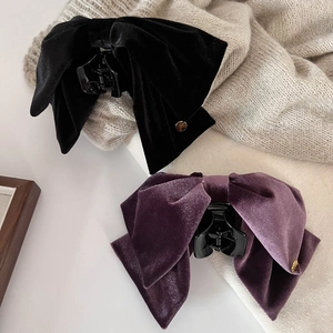 Elegant Velvet Bow Knot Hair Claw Clip Large French Shark Clip With Alloy Metal Tag For Women Autumn Winter Party Accessor