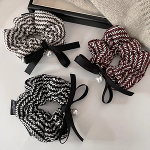 Three-piece set of striped tweed scrunchies with satin bows and elegant pearls